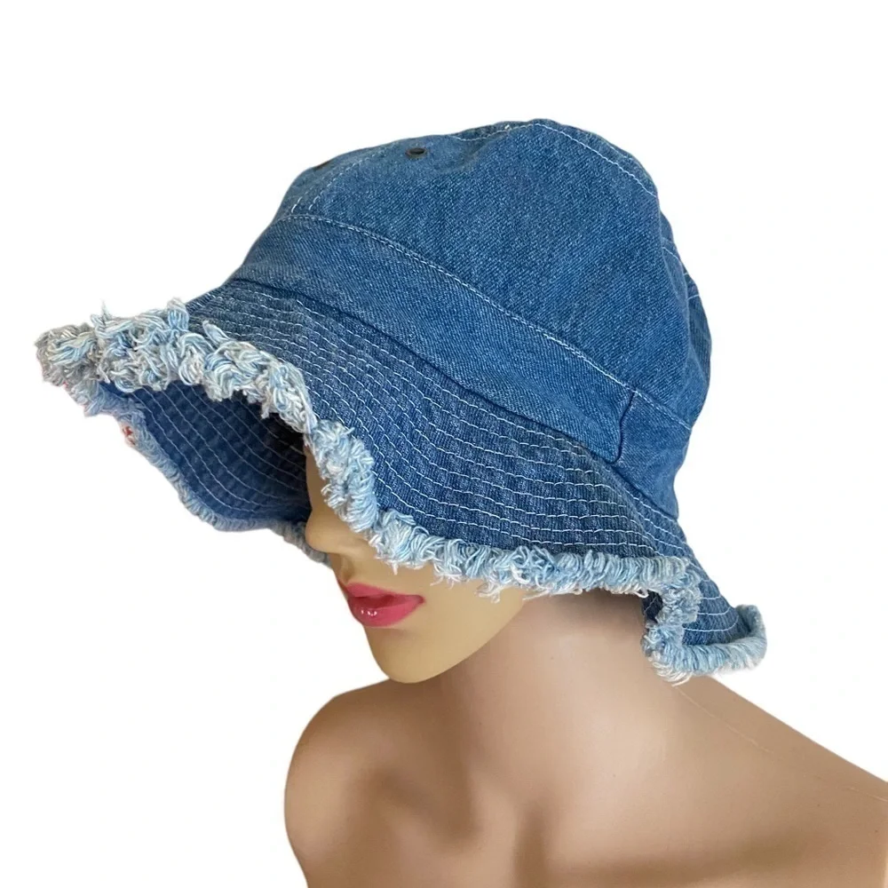 Vintage Blue Denim Fringed Bucket Hat OSFM Cottagecore Minimalist Boho Chic
